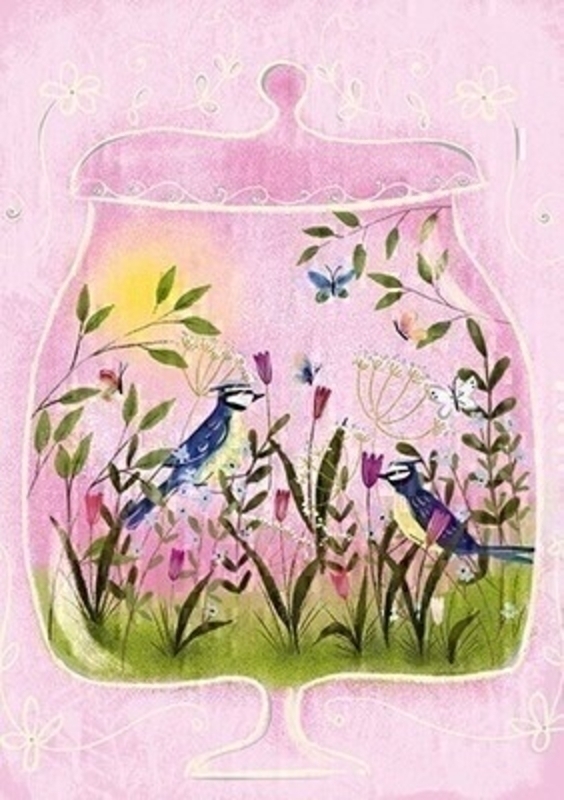 Pink Birds and Butterflies Blank Greetings Card by Paper Rose